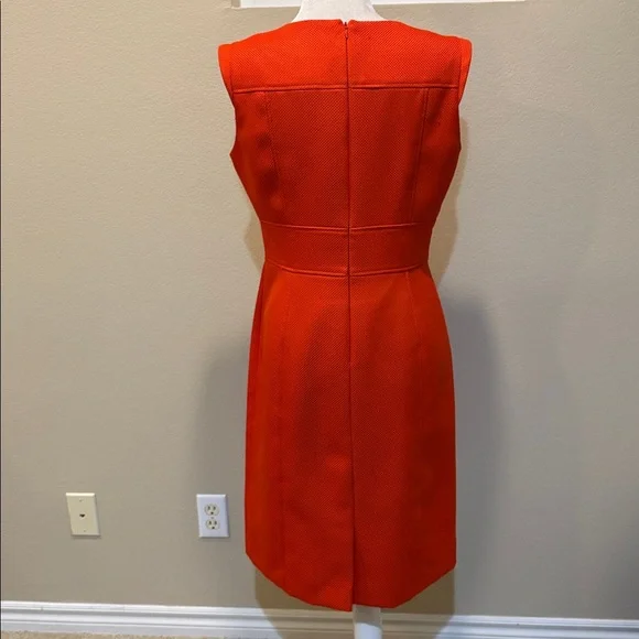 Structured Dark Orange Midi Sheath Dress with Gold Button Waist Detail-Size 8 - Picture 4 of 15